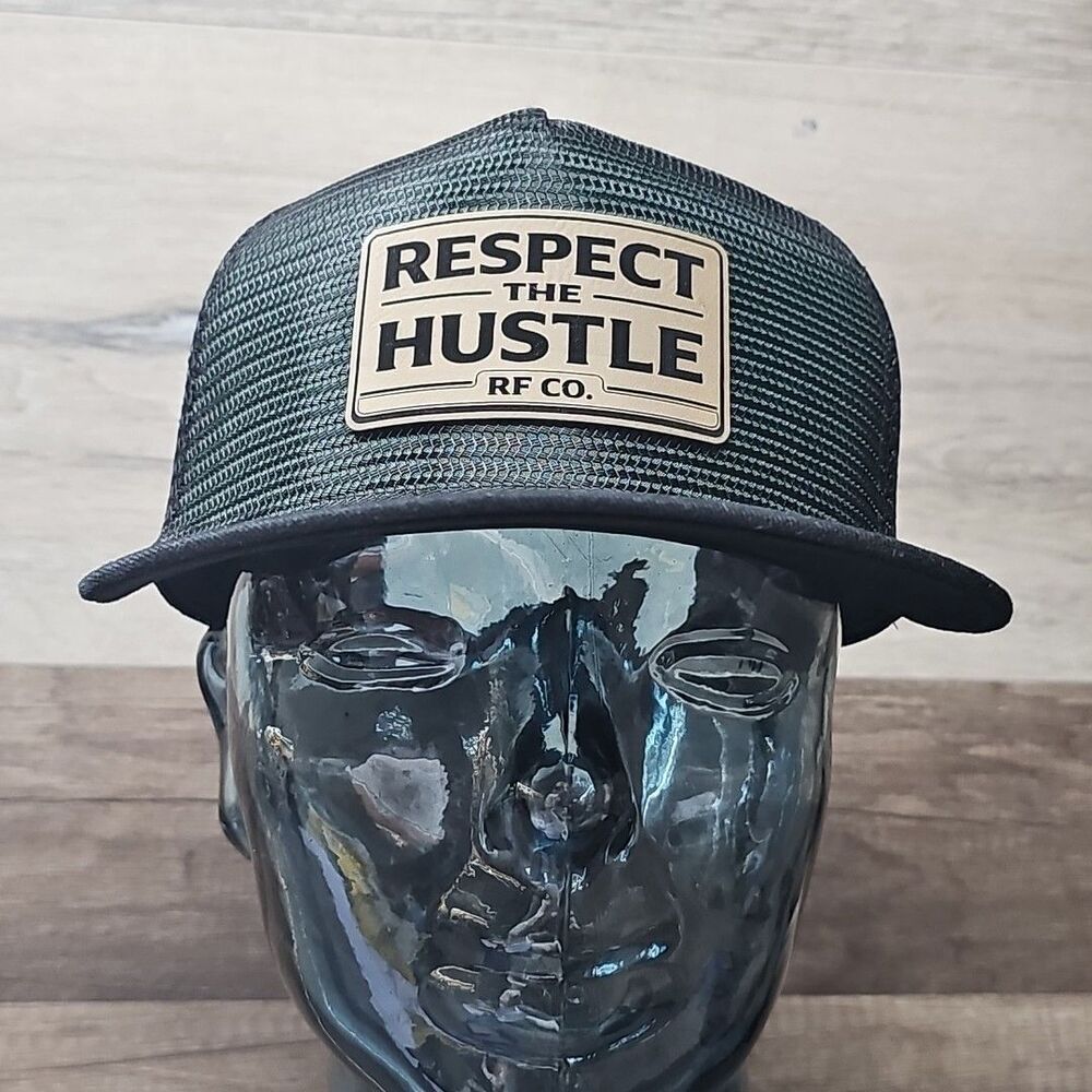 "RESPECT THE HUSTLE" Trucker Snapback Hat Cap Black Dark Green Leather Patch